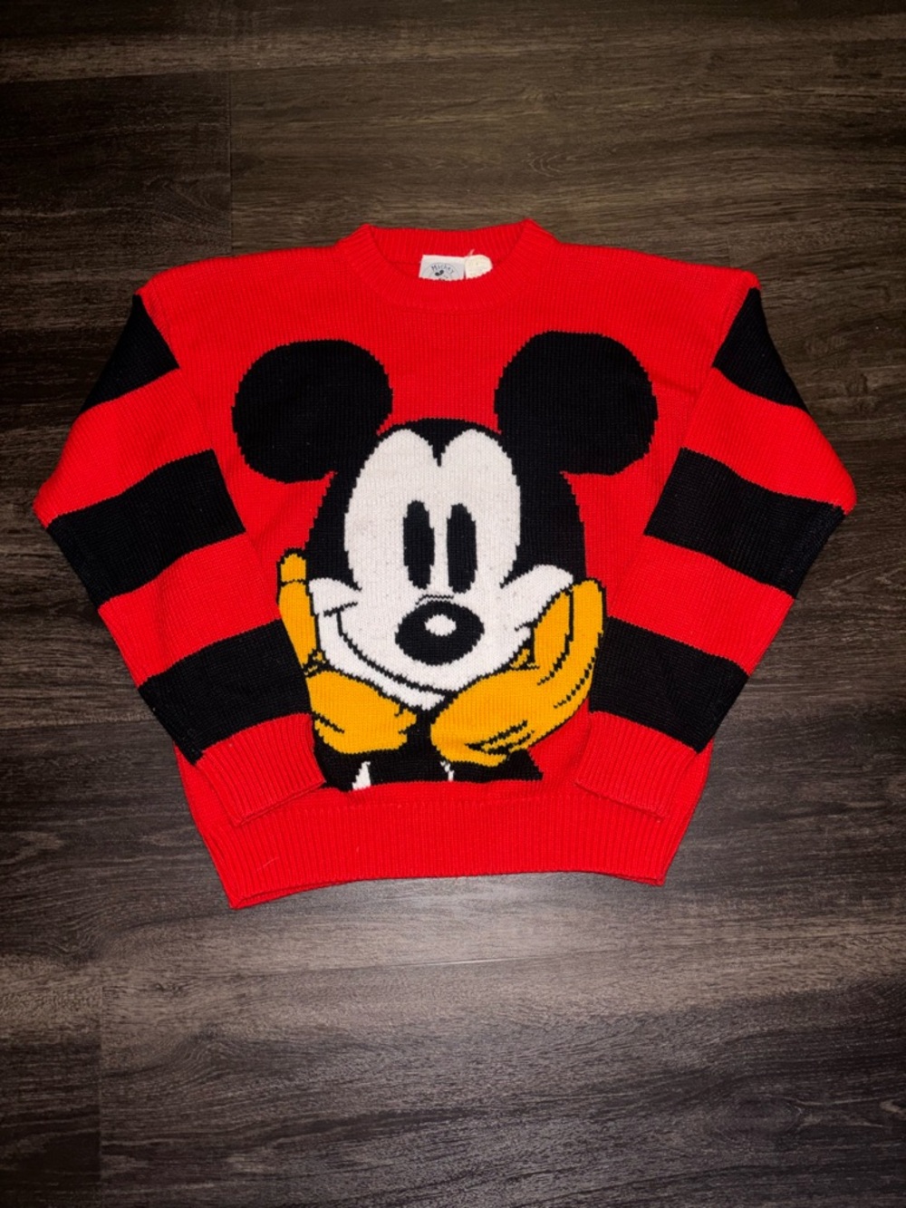 Vintage Disney Mickey Mouse Red Black Striped Knit Sweater Size S